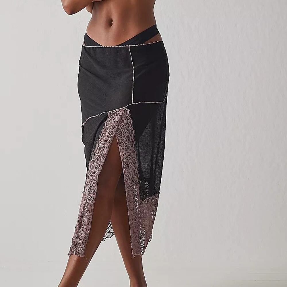 Free People Intimately Into You Half Column Slip XS Black Pink Lace Midi Skirt